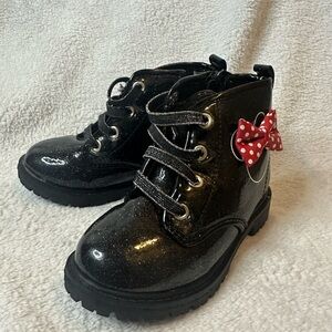 Size 7 Toddler Rain Boots – Black Glitter Minnie Mouse Style with Bow